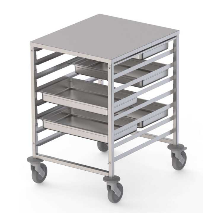 Carro De Tabuleiros Em Aço Inoxidável Para 8 Tabuleiros Gn2/1 660X750X900H mm - Hotelequip.pt Carro De Tabuleiros Em Aço Inoxidável Para 8 Tabuleiros Gn2/1 660X750X900H mm