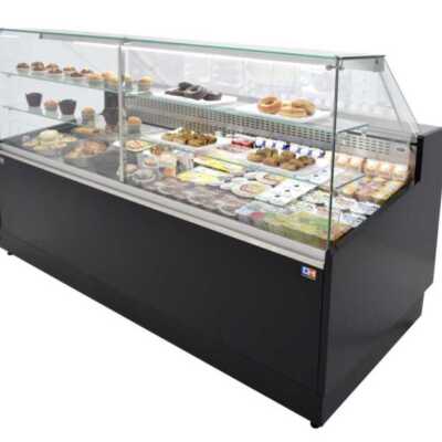 Vitrina refrigerada para padaria 1 metro Profundidade 973 mm Frio estático - Exposição em inox - 2 prateleiras