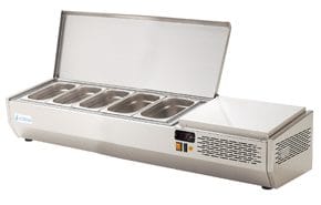 Vitrina expositora refrigerada 5 x GN 1/4 Expositores refrigerados de ingredientes para saladas e pizzas.