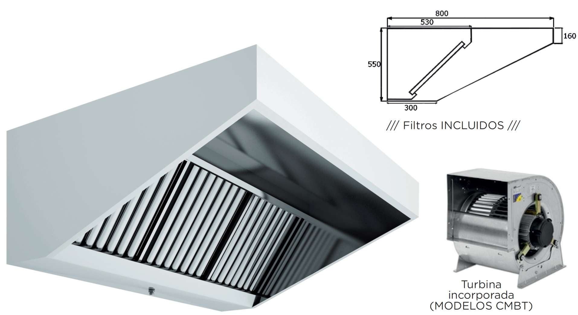 Hotte Exaustora Mural Inox com Turbina 1500x800x550h mm