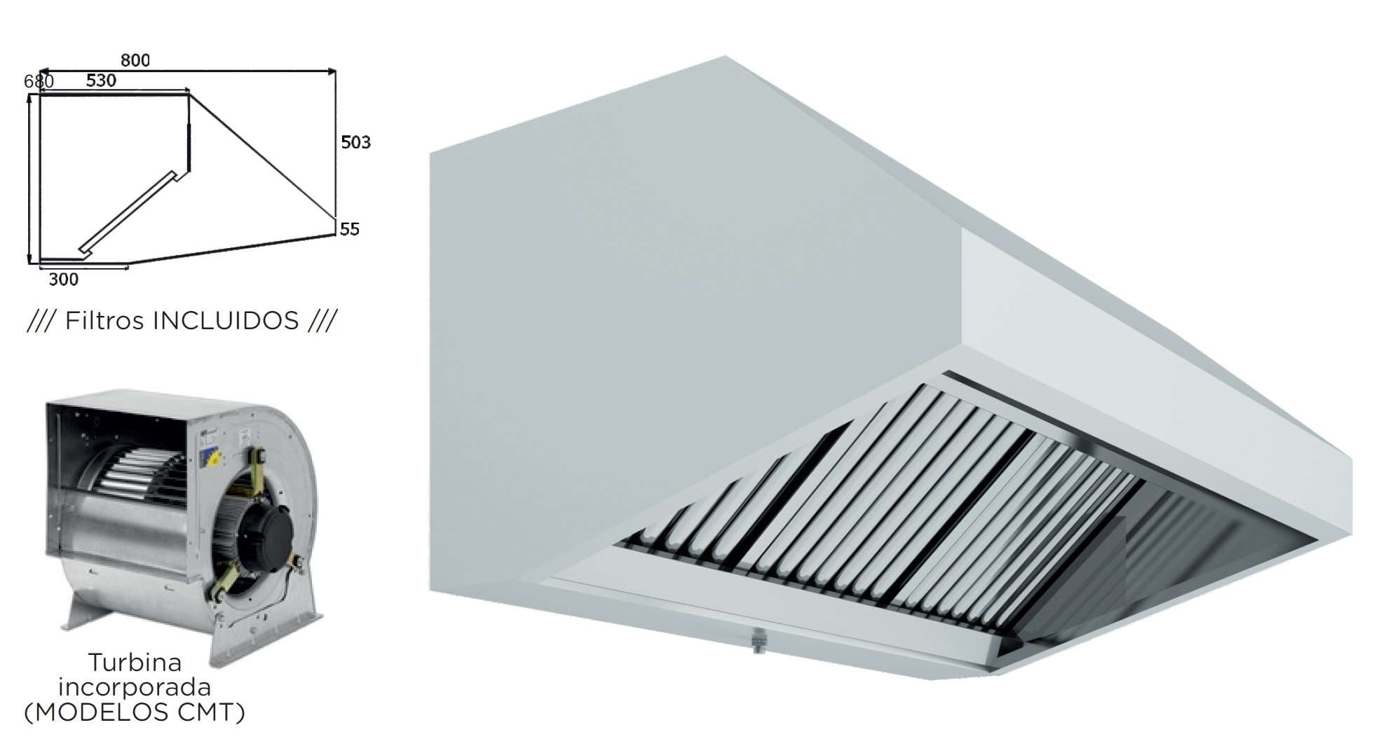 Hotte Mural Snack Profissional com Turbina 2500x800mm
