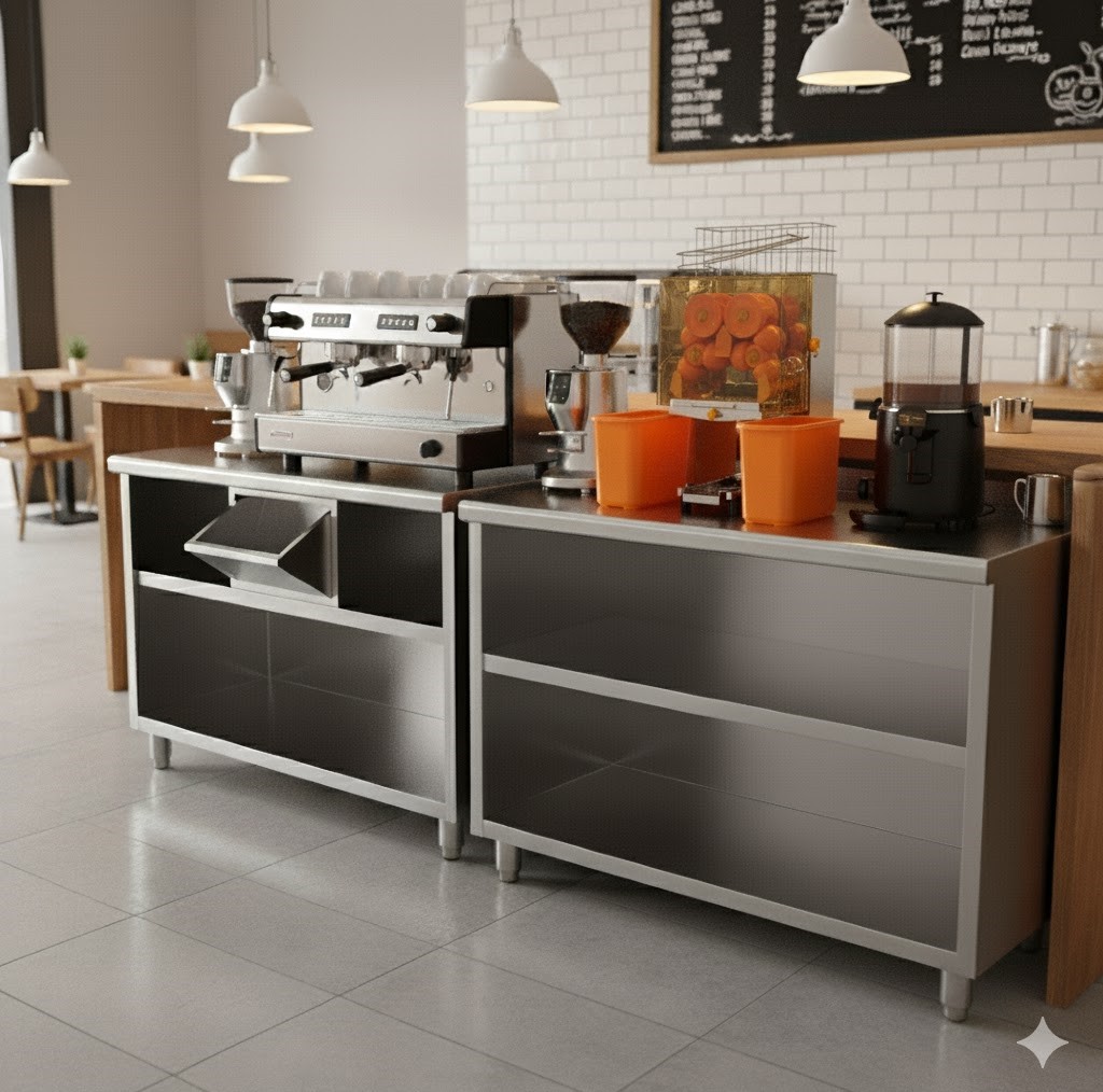 Mesa Cafeteira Inox 2000mm com Tolva e Bancada para Café